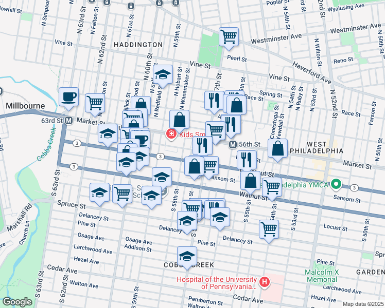 map of restaurants, bars, coffee shops, grocery stores, and more near 33 S Cecil St in Philadelphia