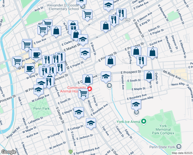 map of restaurants, bars, coffee shops, grocery stores, and more near 352 East College Avenue in York