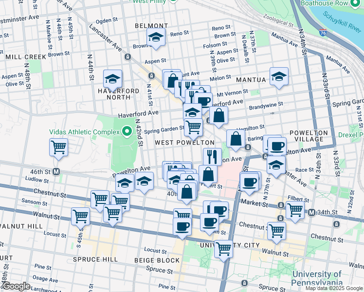 map of restaurants, bars, coffee shops, grocery stores, and more near 401 Wiota Street in Philadelphia