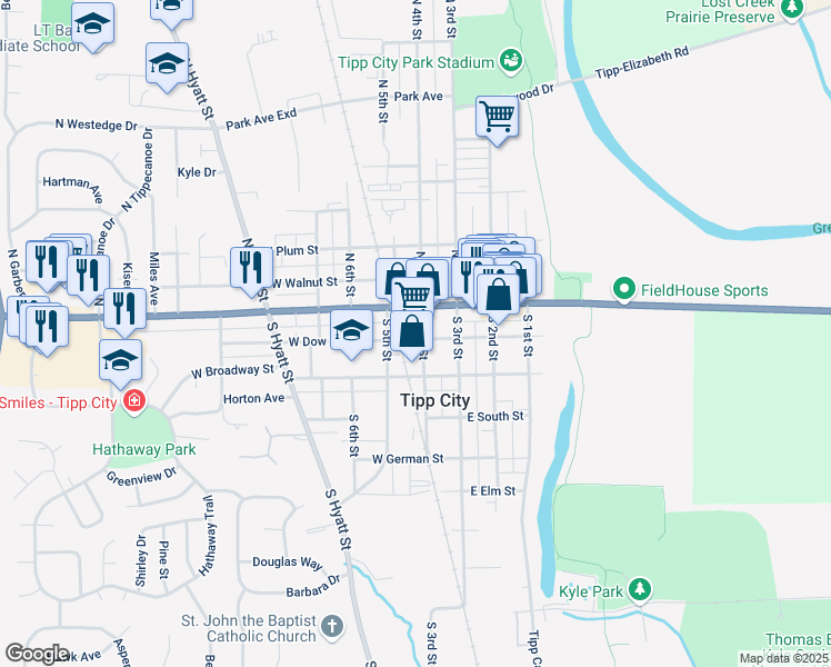 map of restaurants, bars, coffee shops, grocery stores, and more near 27 South 4th Street in Tipp City