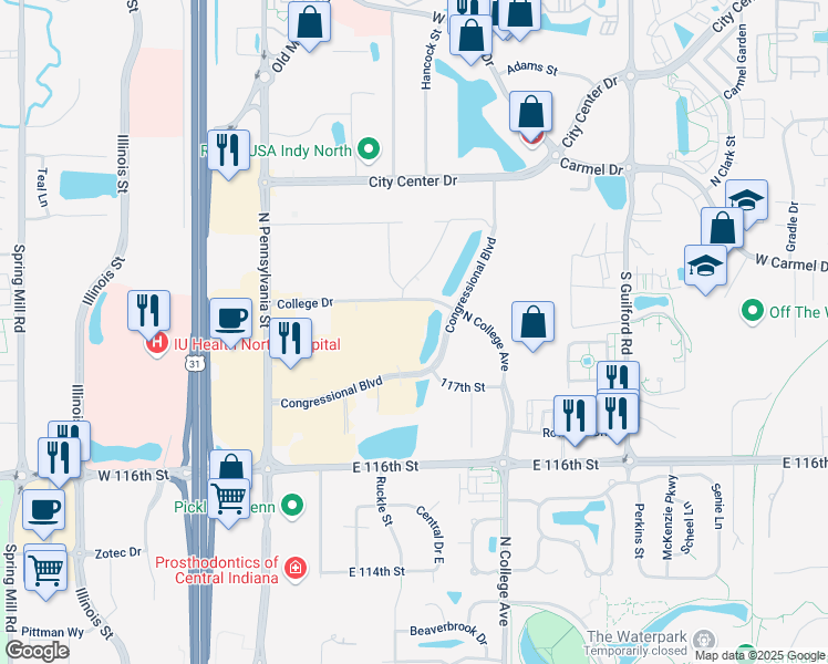 map of restaurants, bars, coffee shops, grocery stores, and more near 550 Congressional Boulevard in Carmel