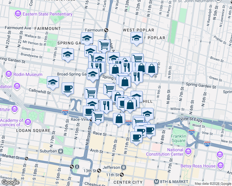 map of restaurants, bars, coffee shops, grocery stores, and more near 1219 Noble Street in Philadelphia