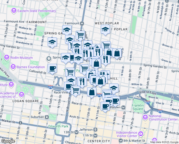 map of restaurants, bars, coffee shops, grocery stores, and more near 1221 Noble Street in Philadelphia