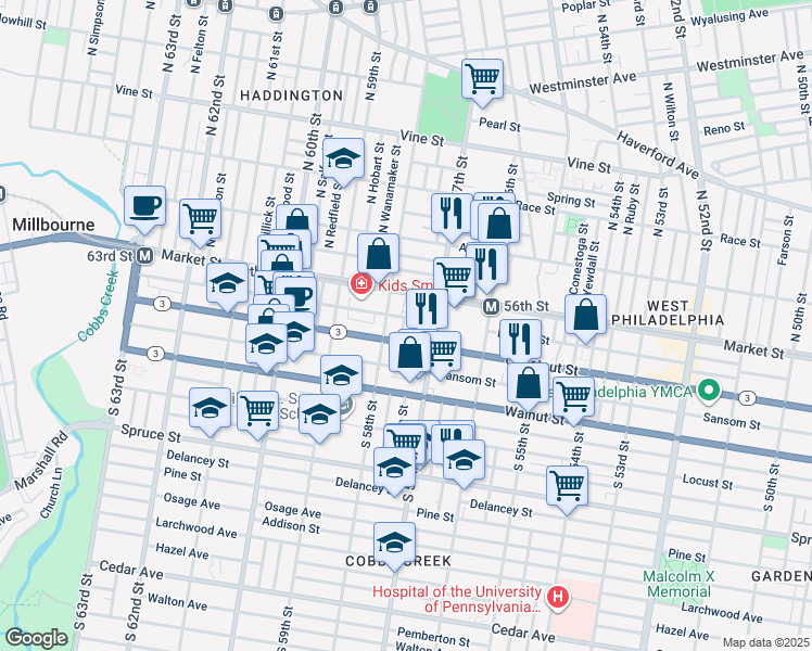 map of restaurants, bars, coffee shops, grocery stores, and more near 33 South Cecil Street in Philadelphia