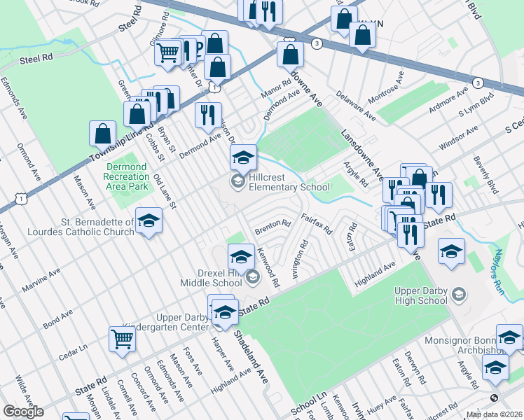 map of restaurants, bars, coffee shops, grocery stores, and more near 968 Fairfax Road in Drexel Hill