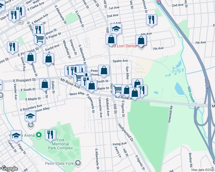map of restaurants, bars, coffee shops, grocery stores, and more near 1239 East Maple Street in York