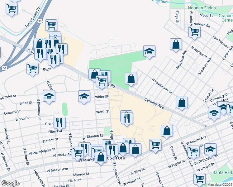 map of restaurants, bars, coffee shops, grocery stores, and more near 1385 White Street in York