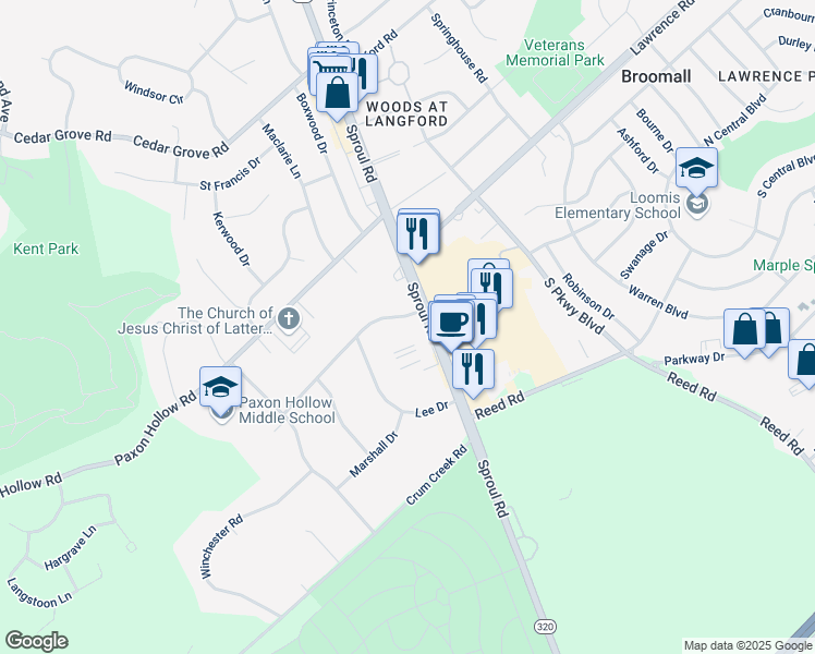 map of restaurants, bars, coffee shops, grocery stores, and more near 603 Williamsburg Drive in Broomall