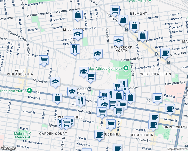 map of restaurants, bars, coffee shops, grocery stores, and more near 65 North 46th Street in Philadelphia