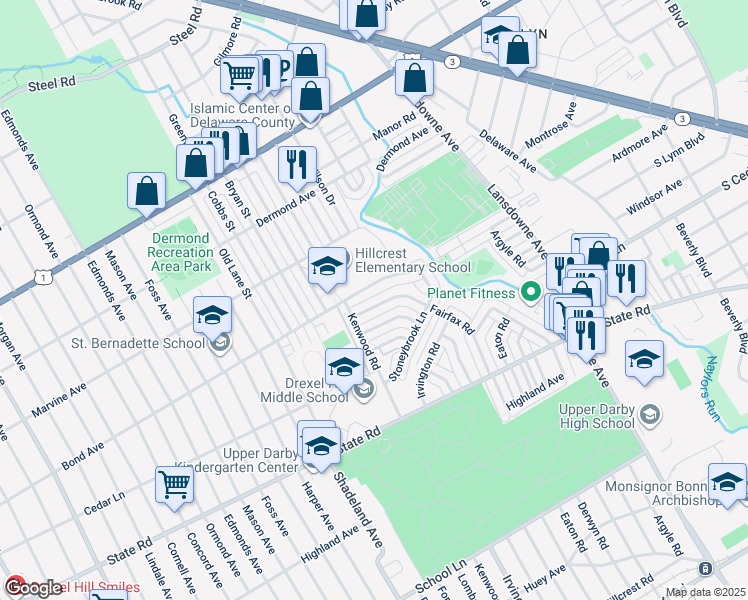 map of restaurants, bars, coffee shops, grocery stores, and more near 973 Fairfax Road in Drexel Hill
