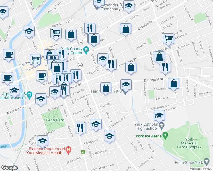 map of restaurants, bars, coffee shops, grocery stores, and more near 312 East College Avenue in York