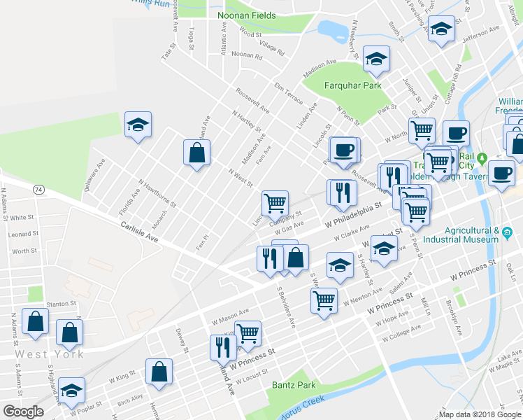 map of restaurants, bars, coffee shops, grocery stores, and more near 627 Lincoln Street in York