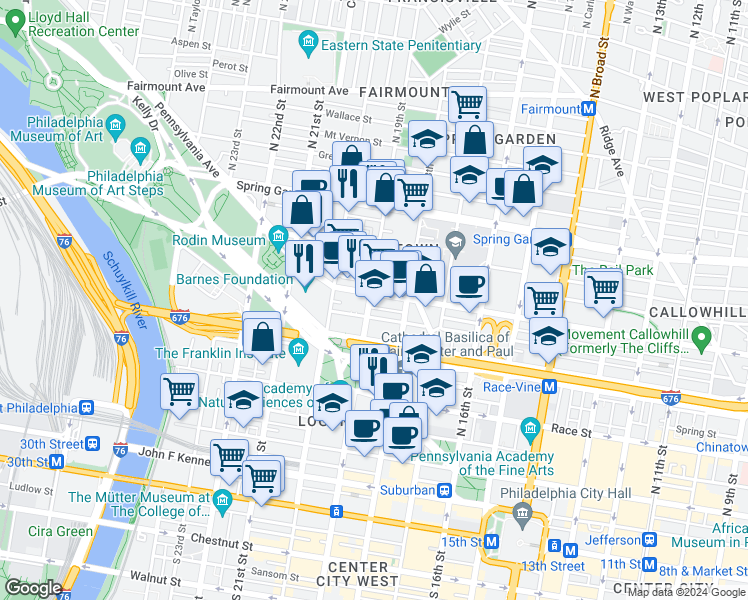 map of restaurants, bars, coffee shops, grocery stores, and more near 1844 Callowhill Street in Philadelphia