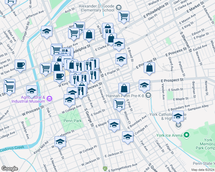 map of restaurants, bars, coffee shops, grocery stores, and more near 223 South Queen Street in York