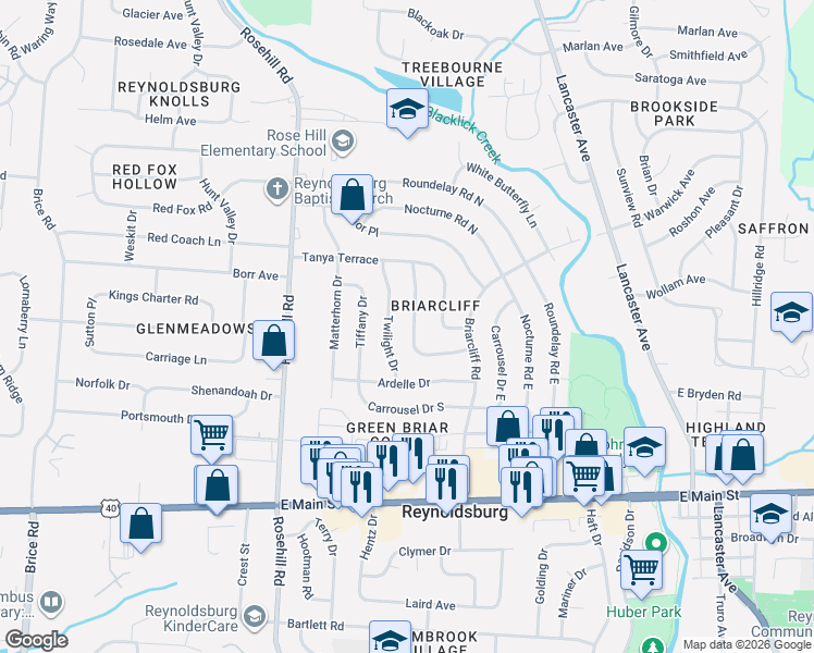 map of restaurants, bars, coffee shops, grocery stores, and more near 6914 Starfire Drive in Reynoldsburg