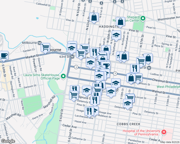map of restaurants, bars, coffee shops, grocery stores, and more near 127 South 61st Street in Philadelphia