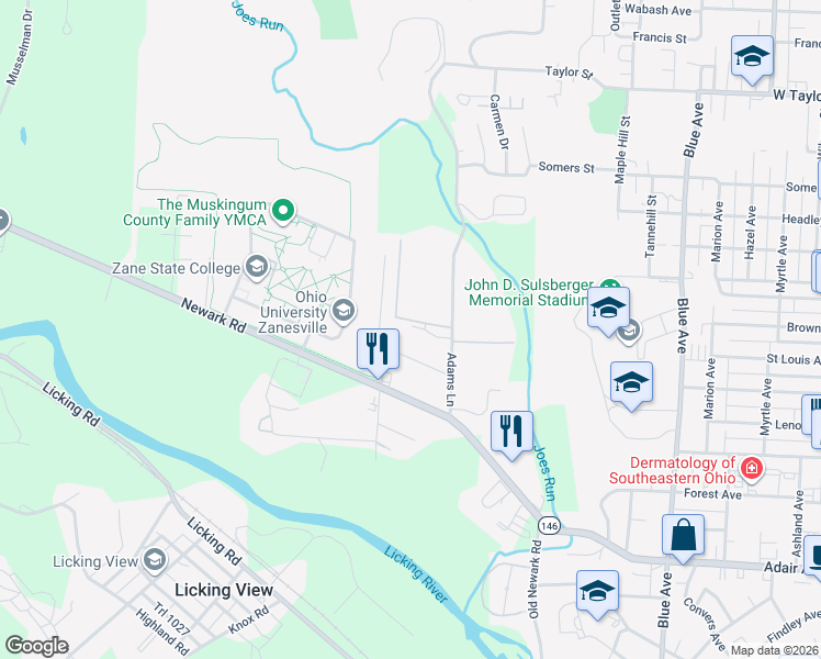 map of restaurants, bars, coffee shops, grocery stores, and more near 1609 Doaks Lane in Zanesville