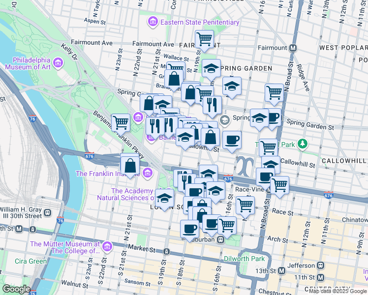 map of restaurants, bars, coffee shops, grocery stores, and more near 1844 Callowhill Street in Philadelphia
