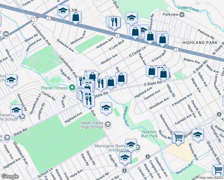 map of restaurants, bars, coffee shops, grocery stores, and more near 7802 Arlington Avenue in Delaware County