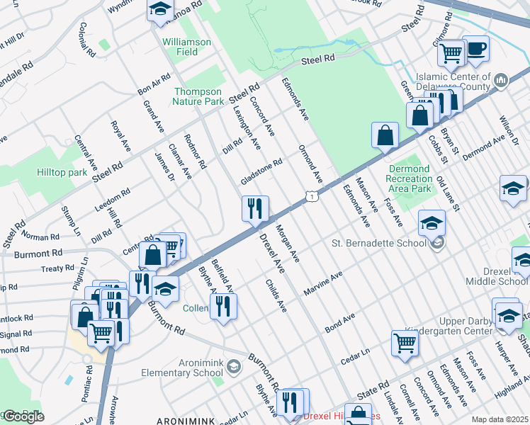 map of restaurants, bars, coffee shops, grocery stores, and more near 4 North Morgan Avenue in Havertown