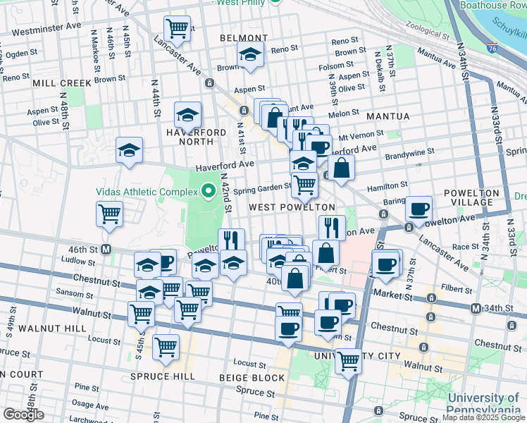 map of restaurants, bars, coffee shops, grocery stores, and more near 4038 Baring Street in Philadelphia
