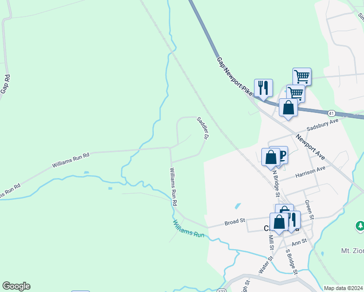 map of restaurants, bars, coffee shops, grocery stores, and more near 6 Parker Drive in Christiana