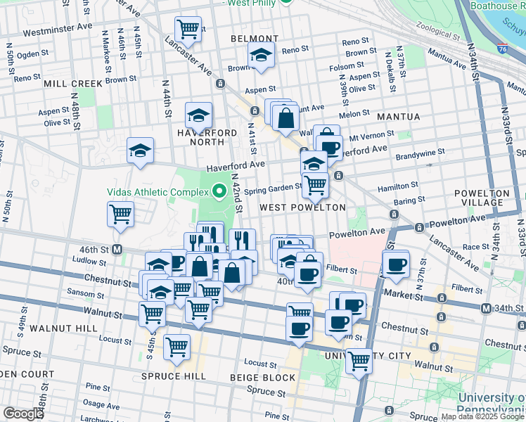 map of restaurants, bars, coffee shops, grocery stores, and more near 409 North 41st Street in Philadelphia