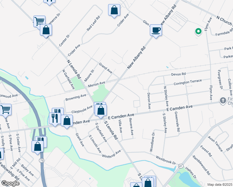 map of restaurants, bars, coffee shops, grocery stores, and more near 40 Eraser Road in Moorestown