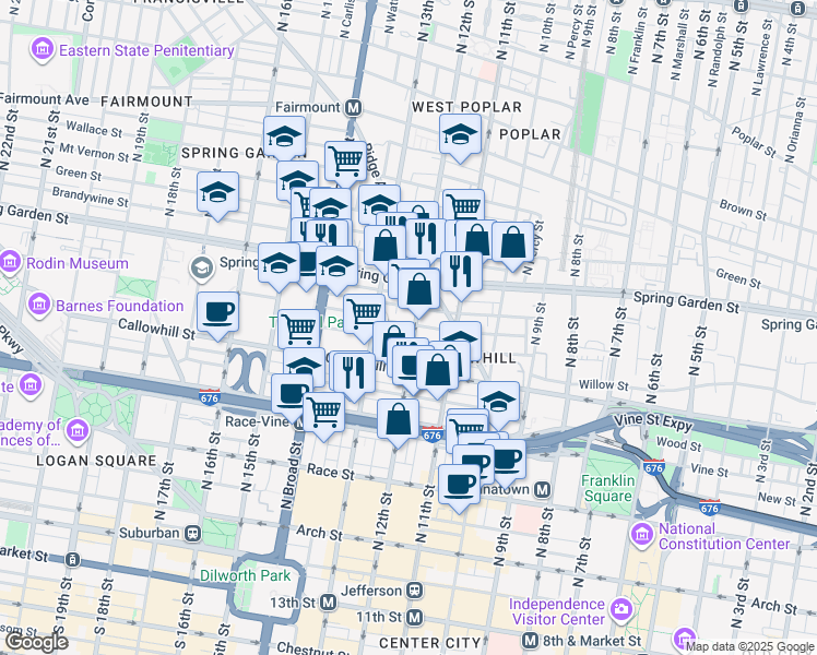 map of restaurants, bars, coffee shops, grocery stores, and more near 1221 Noble Street in Philadelphia