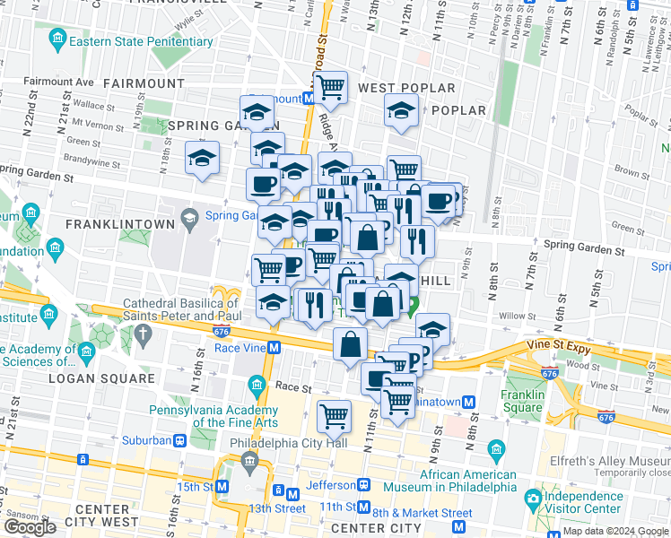 map of restaurants, bars, coffee shops, grocery stores, and more near 1221 Noble Street in Philadelphia