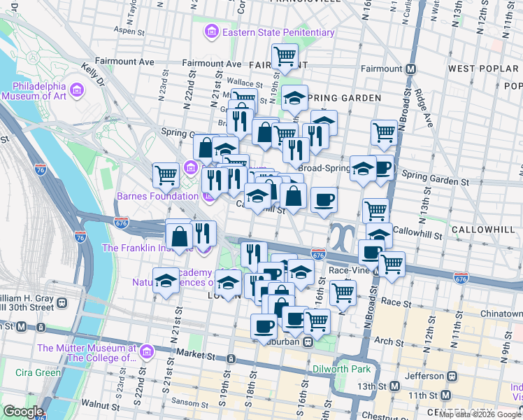 map of restaurants, bars, coffee shops, grocery stores, and more near 319 North 19th Street in Philadelphia