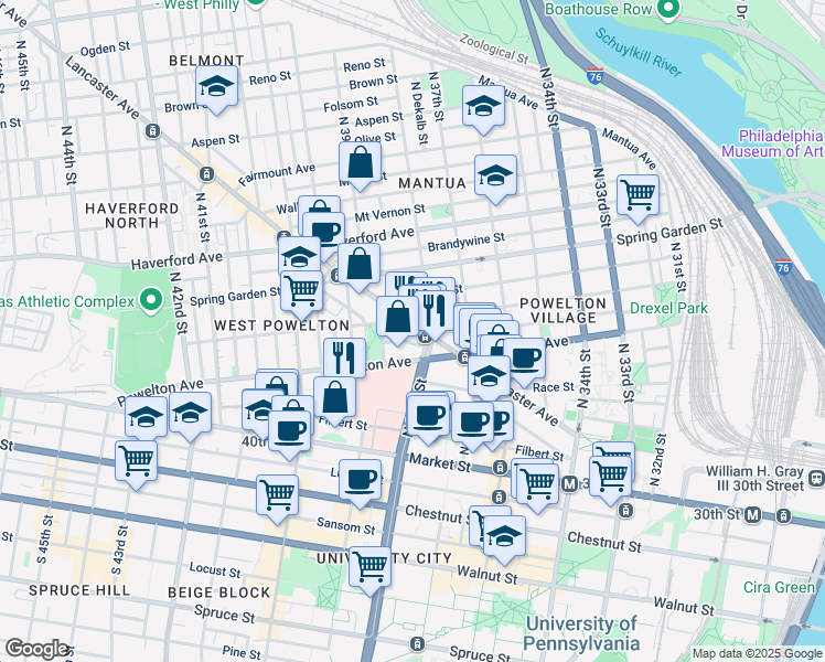 map of restaurants, bars, coffee shops, grocery stores, and more near 3823 Pearl Street in Philadelphia