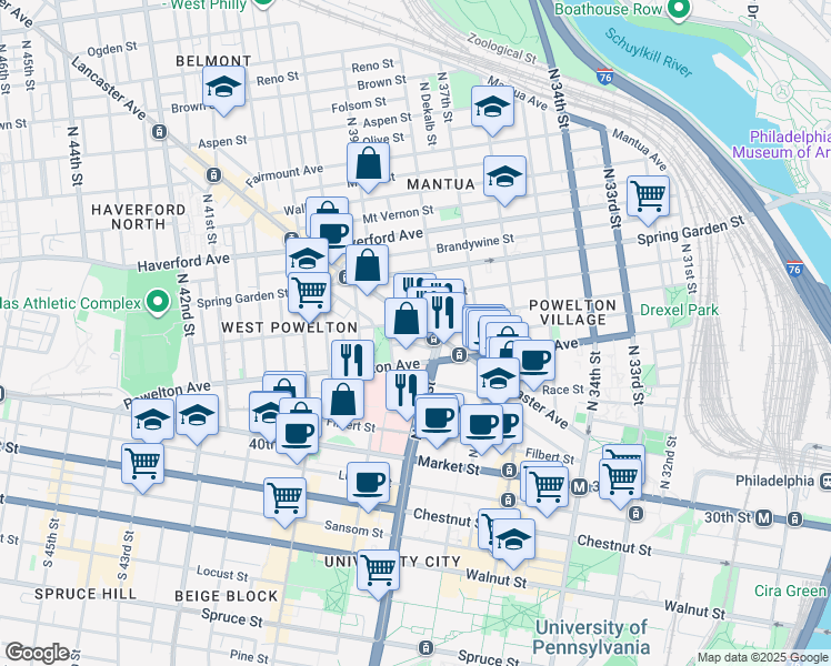 map of restaurants, bars, coffee shops, grocery stores, and more near 3823 Pearl Street in Philadelphia