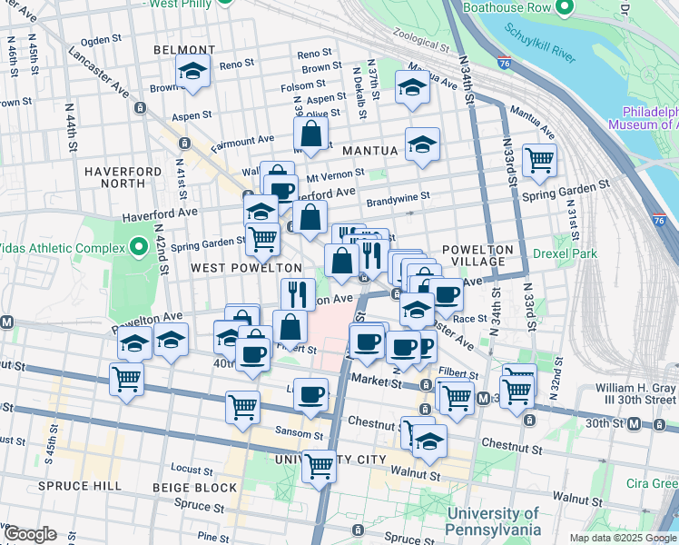 map of restaurants, bars, coffee shops, grocery stores, and more near 3823 Pearl Street in Philadelphia