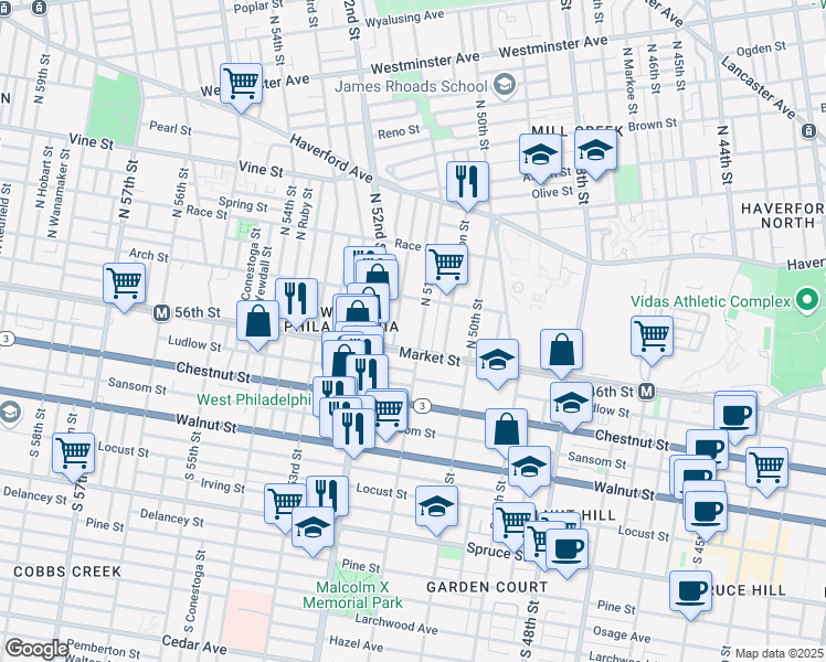 map of restaurants, bars, coffee shops, grocery stores, and more near 5119 Market Street in Philadelphia
