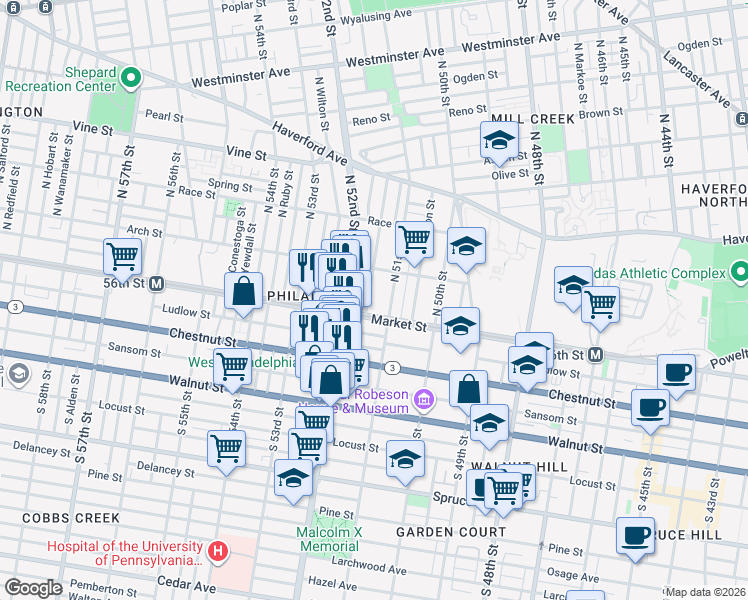 map of restaurants, bars, coffee shops, grocery stores, and more near 5119 Market Street in Philadelphia