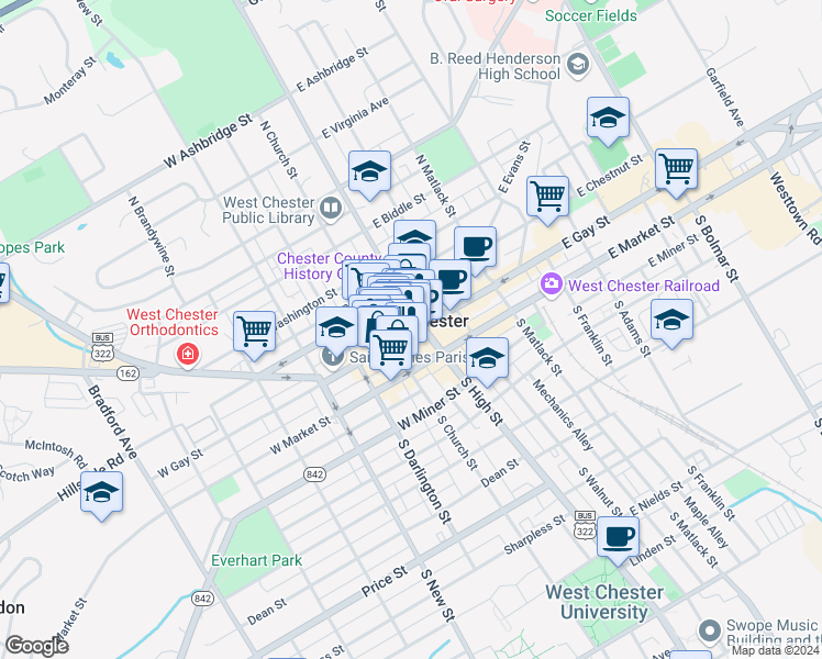 map of restaurants, bars, coffee shops, grocery stores, and more near in West Chester