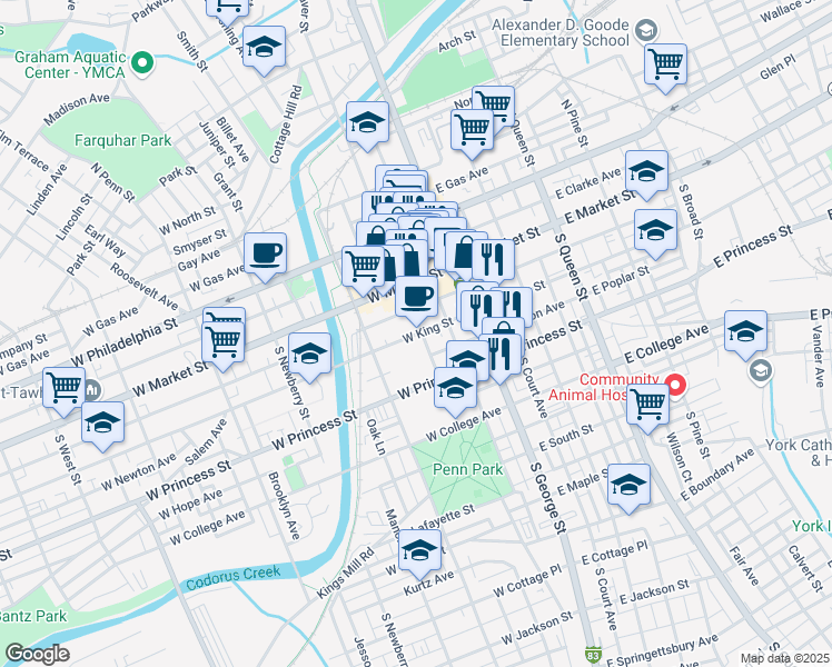 map of restaurants, bars, coffee shops, grocery stores, and more near 114 West King Street in York