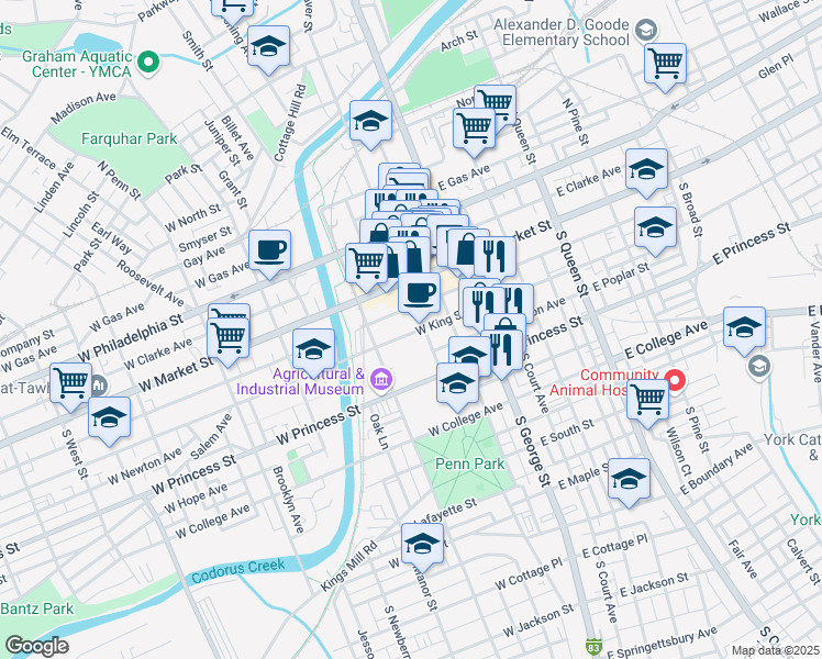 map of restaurants, bars, coffee shops, grocery stores, and more near 114 West King Street in York