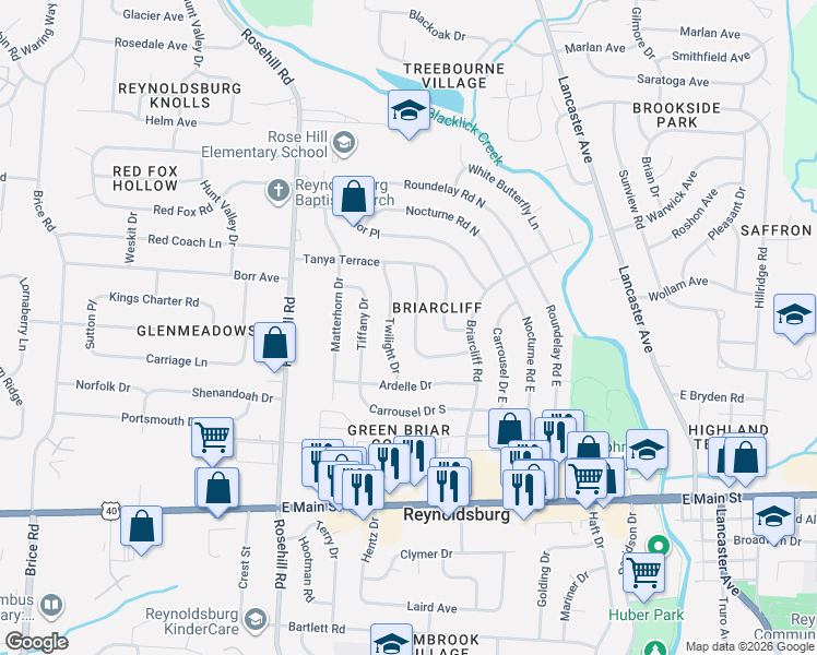 map of restaurants, bars, coffee shops, grocery stores, and more near 6914 Starfire Drive in Reynoldsburg