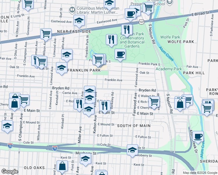map of restaurants, bars, coffee shops, grocery stores, and more near 1639 Bryden Road in Columbus