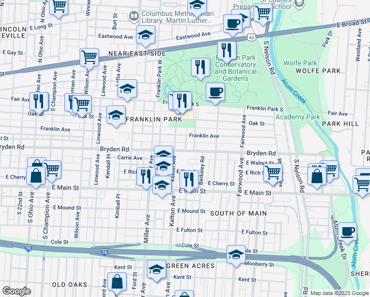 map of restaurants, bars, coffee shops, grocery stores, and more near 1585 Bryden Road in Columbus