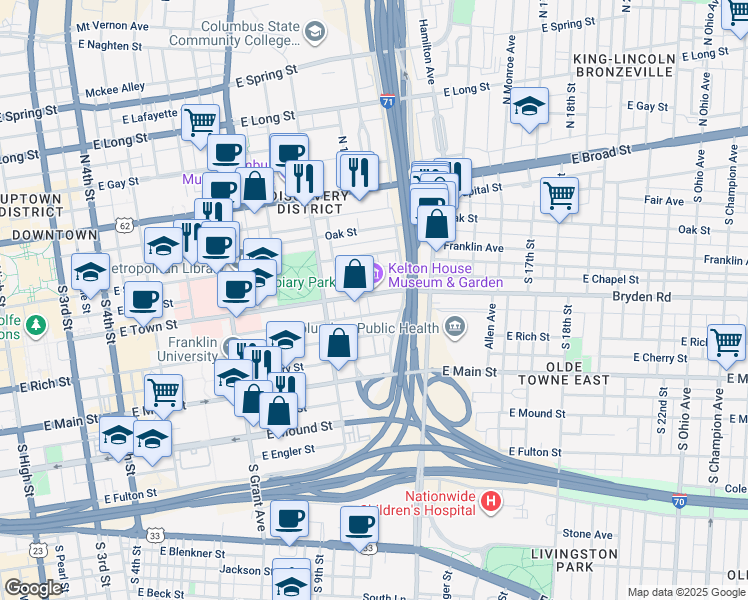map of restaurants, bars, coffee shops, grocery stores, and more near 571 East Walnut Street in Columbus