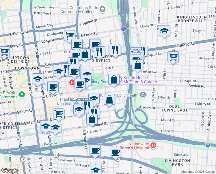 map of restaurants, bars, coffee shops, grocery stores, and more near 525 East Town Street in Columbus