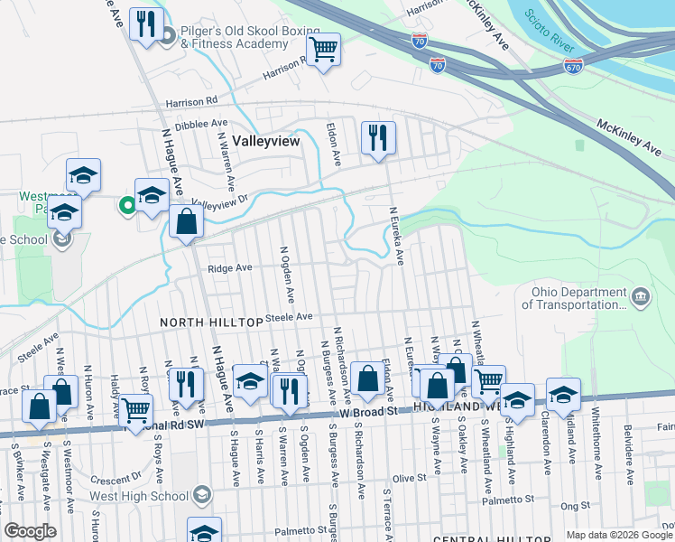 map of restaurants, bars, coffee shops, grocery stores, and more near 2520 Sutton Avenue in Columbus