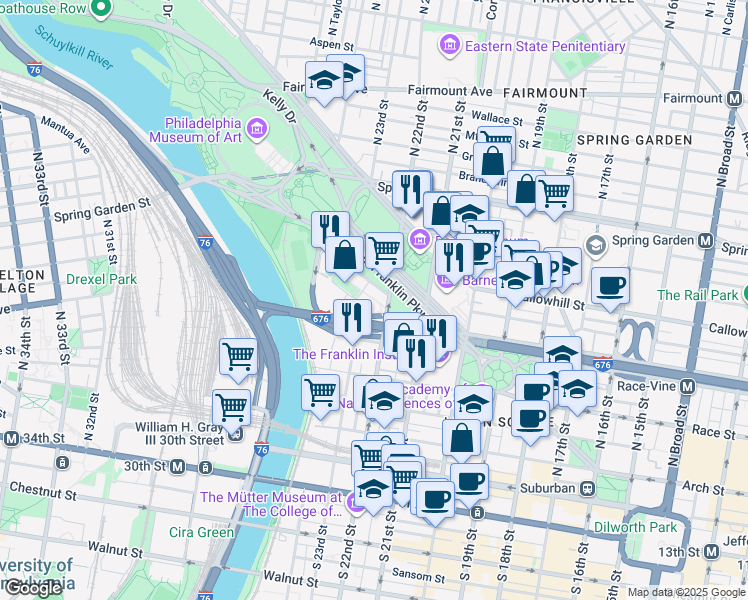 map of restaurants, bars, coffee shops, grocery stores, and more near 2202 Benjamin Franklin Parkway in Philadelphia