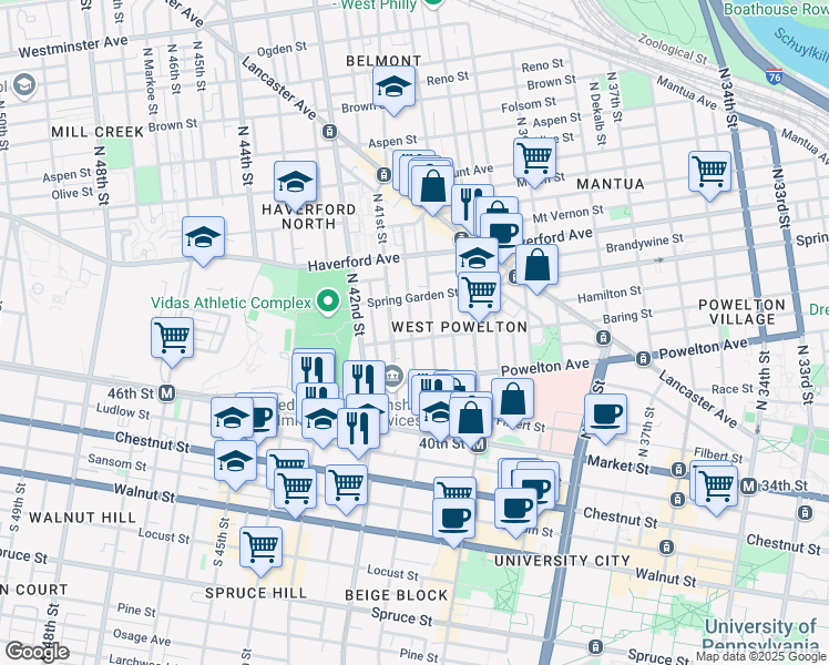 map of restaurants, bars, coffee shops, grocery stores, and more near 4051 Baring Street in Philadelphia