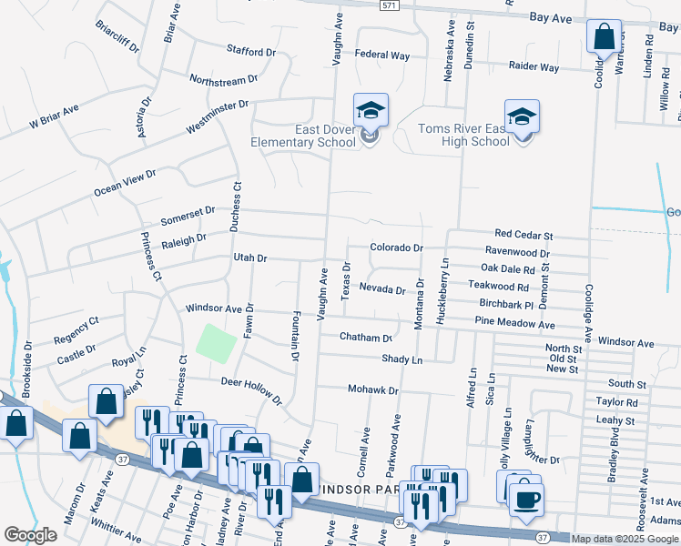 map of restaurants, bars, coffee shops, grocery stores, and more near 625 Vaughn Avenue in Toms River