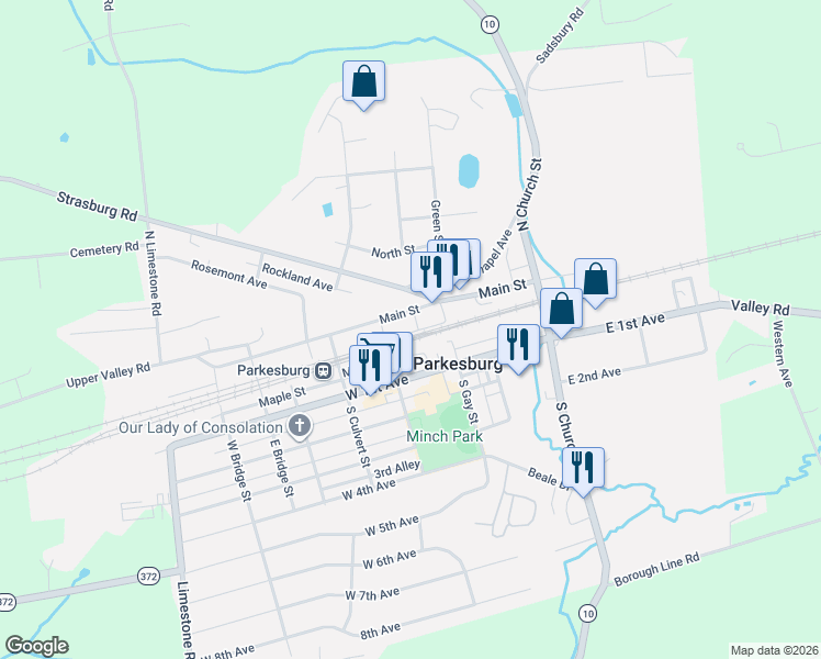 map of restaurants, bars, coffee shops, grocery stores, and more near 321 West 1st Avenue in Parkesburg