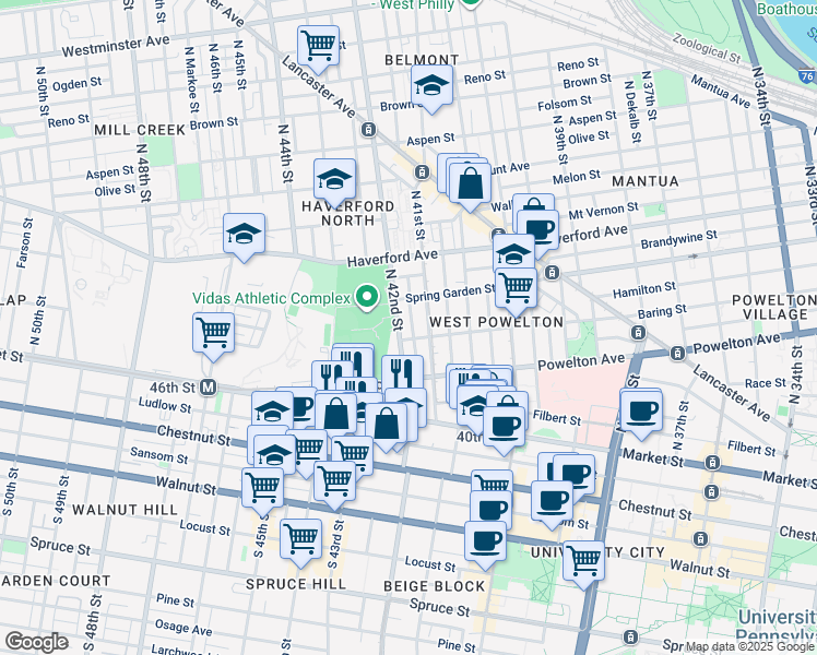 map of restaurants, bars, coffee shops, grocery stores, and more near 412 North Holly Street in Philadelphia